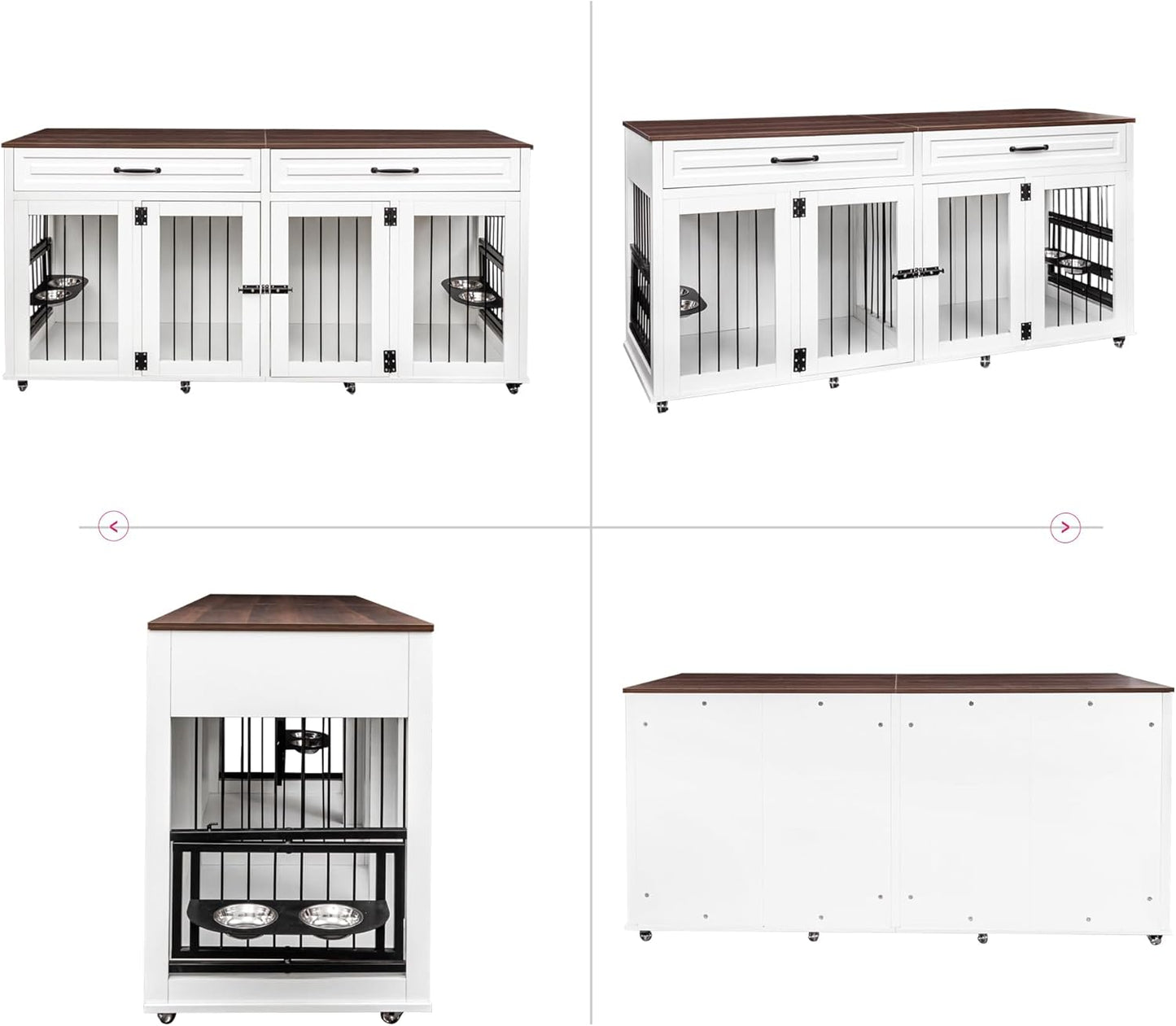 Double XL Dog Crate Furniture,Dog Crate Wooden Pet Kennel Cabinet with 2 Doors,Large Double Dog Kennel TV Stand with 360° Rotating Feeder & Wheels,Rolling Cage with 2 Storage Drawers,White+Walnut