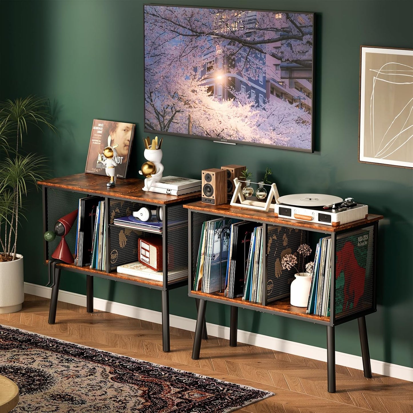 Record Player Stand with Adjustable Divider Vinyl Storage Holder up to 200 Albums Mid-Century Large Record Player Table Vinyl Holder Turntable Stand End Table for Bedroom & Living Room, Patent Pending