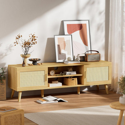 Boho TV Stand for 65 Inch TV, Entertainment Center with Adjustable Shelf, Rattan TV Console with 2 Cabinets, Media Console, Solid Wood Feet, 4 Cord Holes, for Living Room - Natural, 8782T