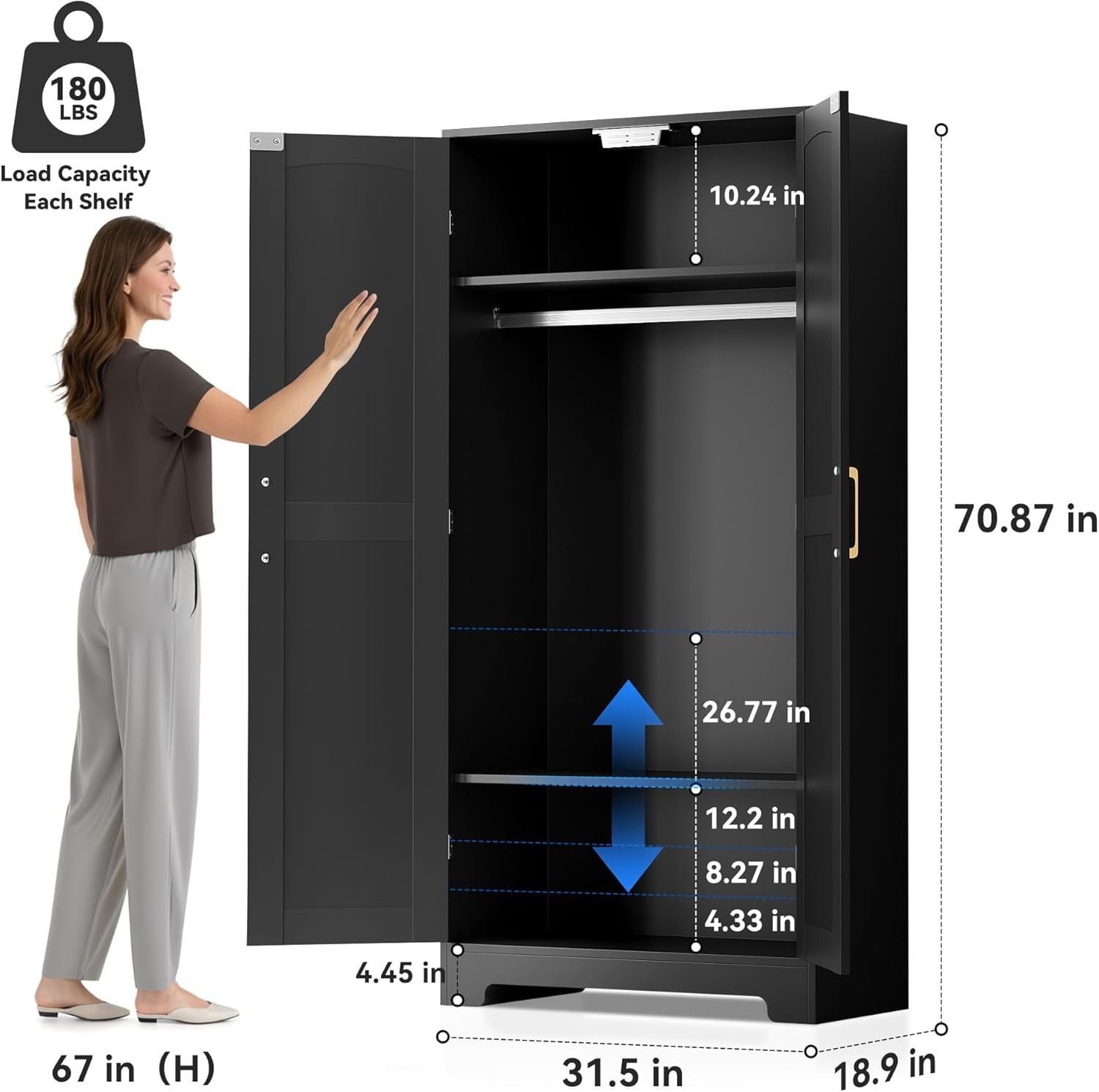 Wooden Armoire Wardrobe Closet, Wardrobe Cabinet with Door and Shelves, Freestanding Bedroom Armoires Clothing Storage Cabinet with Hanging Rod for Bedroom, Laundry Room, Cloak Room（Black）