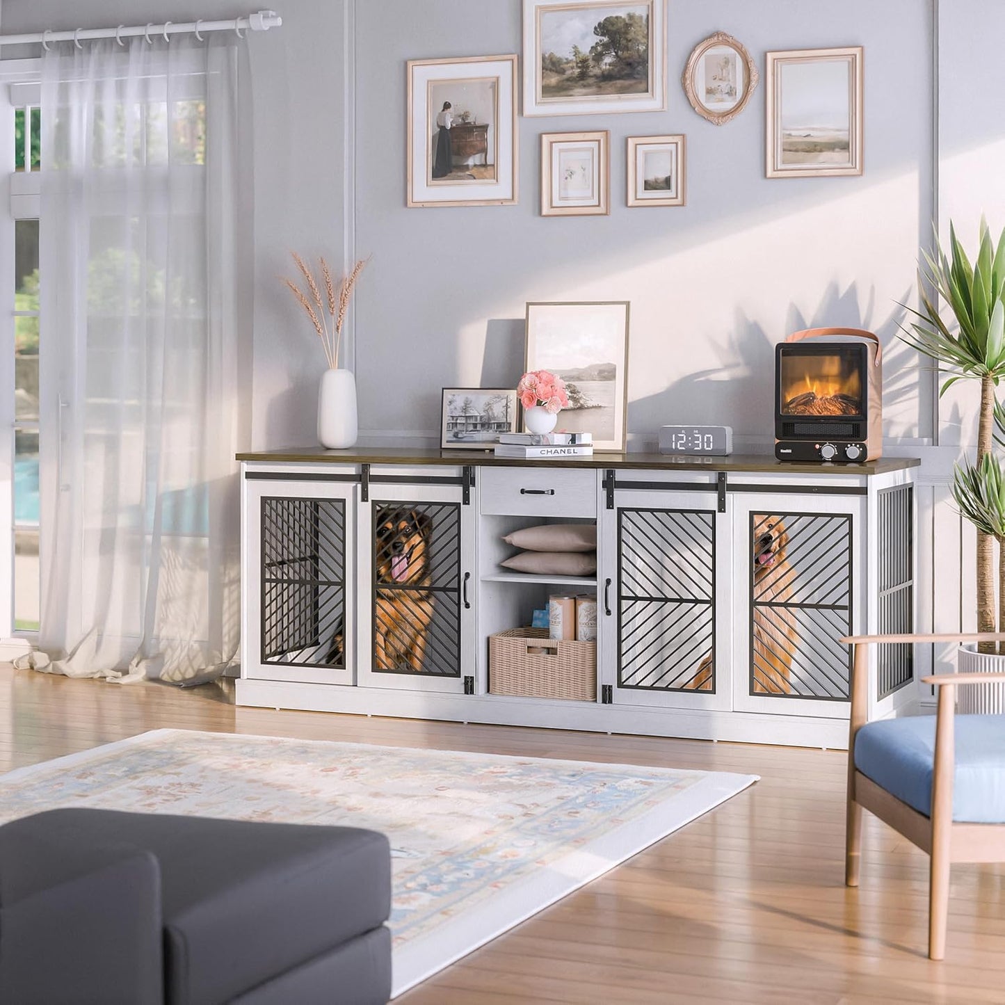 Large Pet Crate Furniture-Style Dog Cage for 2 Pets, Wooden TV Stand with Divider & Drawer Storage, Modern Design Kennel Indoor, 86.6" L X 23.6" W X 33.5" H