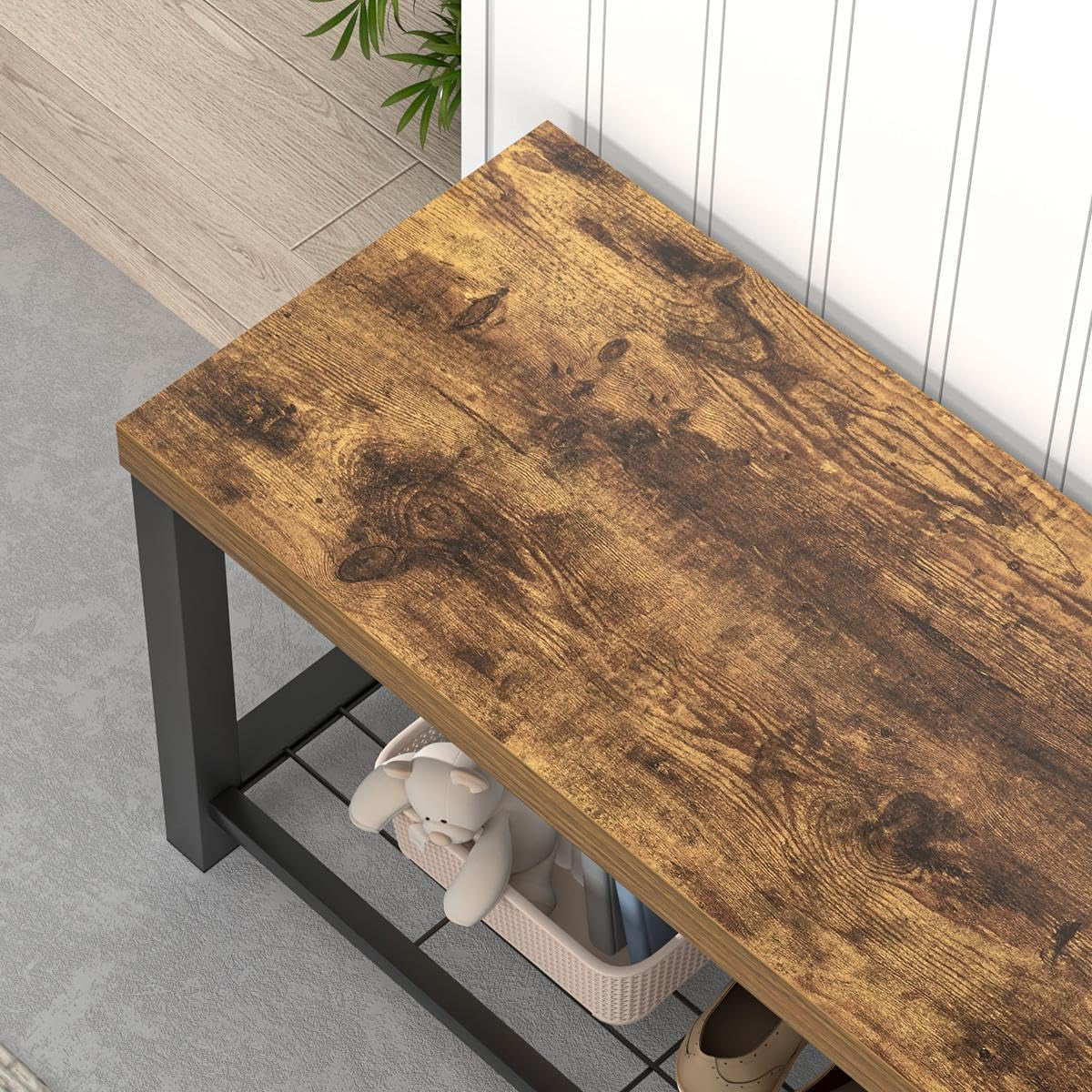 Entryway Bench, Modern Wood and Metal Storage Bench for Hallway Front Door Entrance, Industrial Indoor Shoe Rack Bench Seat for Living Room Bedroom, 43.3 Inch Rustic Brown