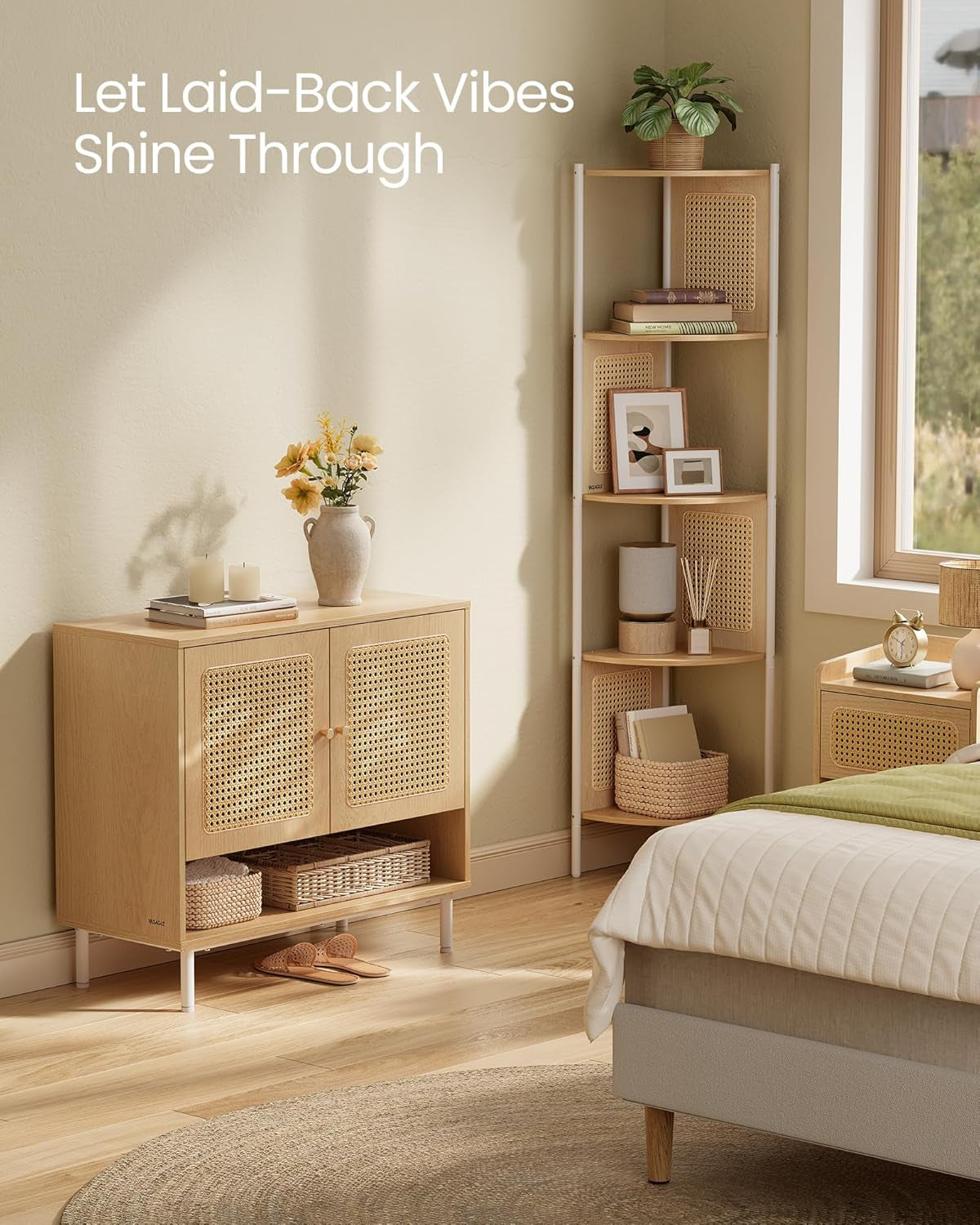 Natural Rattan 3-Tier Shoe Cabinet, 16 Pair Shoe Storage Cabinet, Boho Style Shoe Organizer with Height-Adjustable Shelves and Steel Legs, for Entryway, Closet, Hallway, Oak Beige ULBC049N01