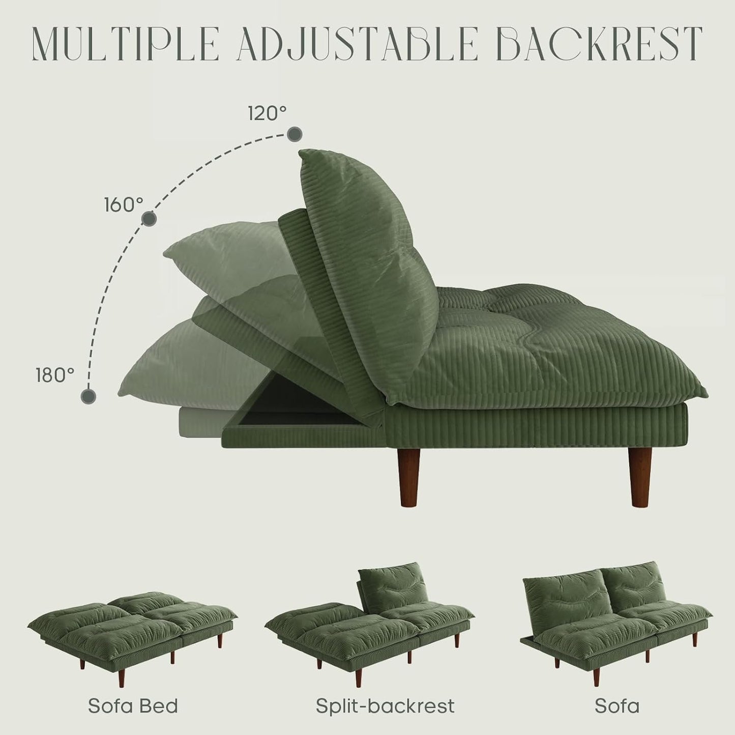 Futon Sofa Bed, 69 Inch Futon Couch with Adjustable Backrest, Corduroy Convertible Sleeper Sofa Bed, Folding Sleeper Recliner for Apartment, Living Room, Office, Green