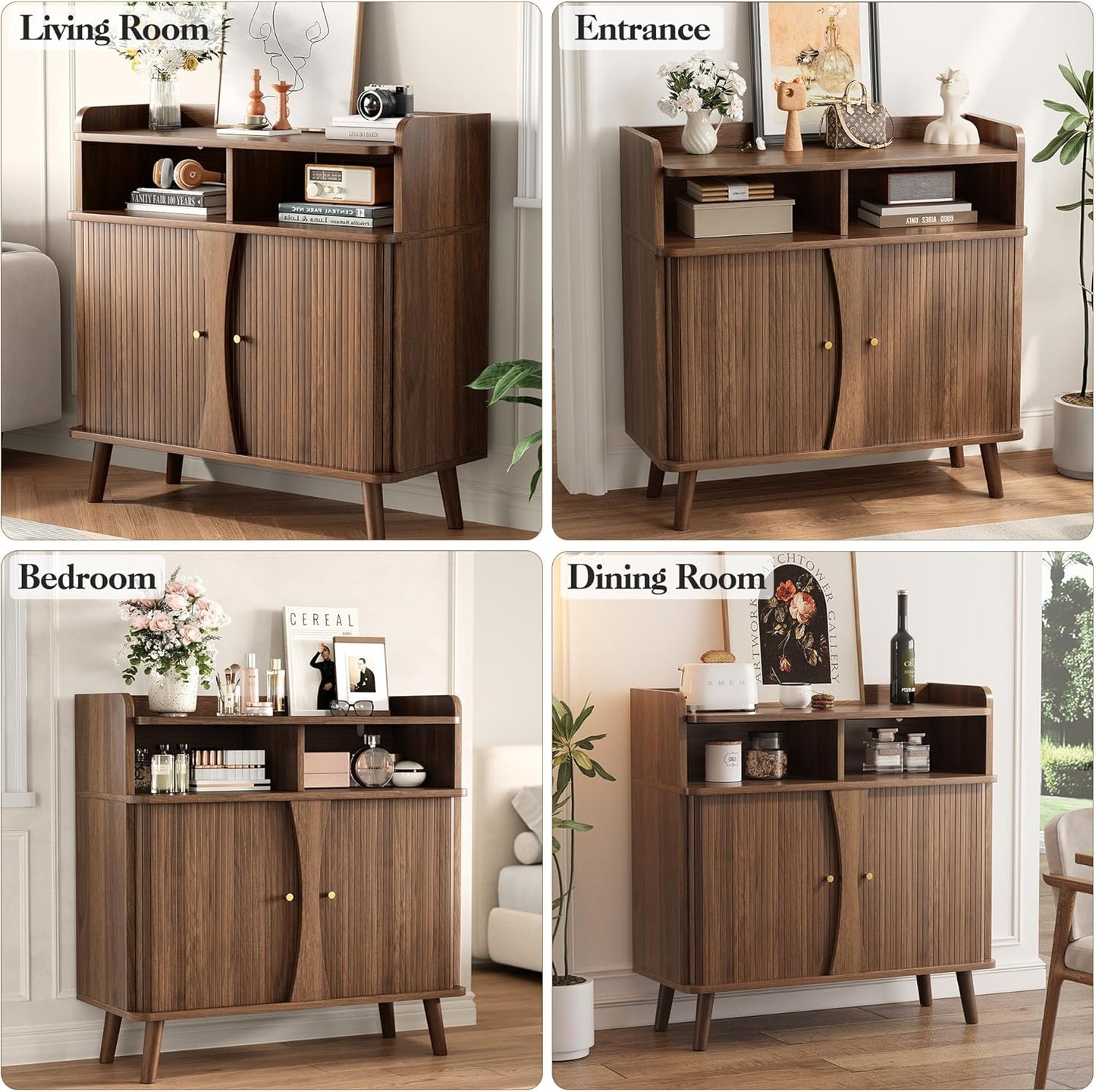 39" Buffet Sideboard Cabinet, Mid Century Modern Console Cabinet with Roller Shutter Sliding Doors & Adjustable Shelves for Kitchen Cabinets, Living Room, Entryway, Coffee Bar Cabinet (Walnut)