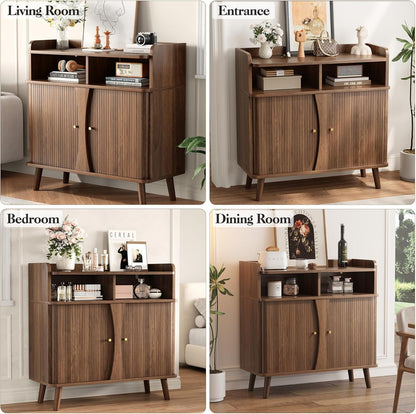 39" Buffet Sideboard Cabinet, Mid Century Modern Console Cabinet with Roller Shutter Sliding Doors & Adjustable Shelves for Kitchen Cabinets, Living Room, Entryway, Coffee Bar Cabinet (Walnut)