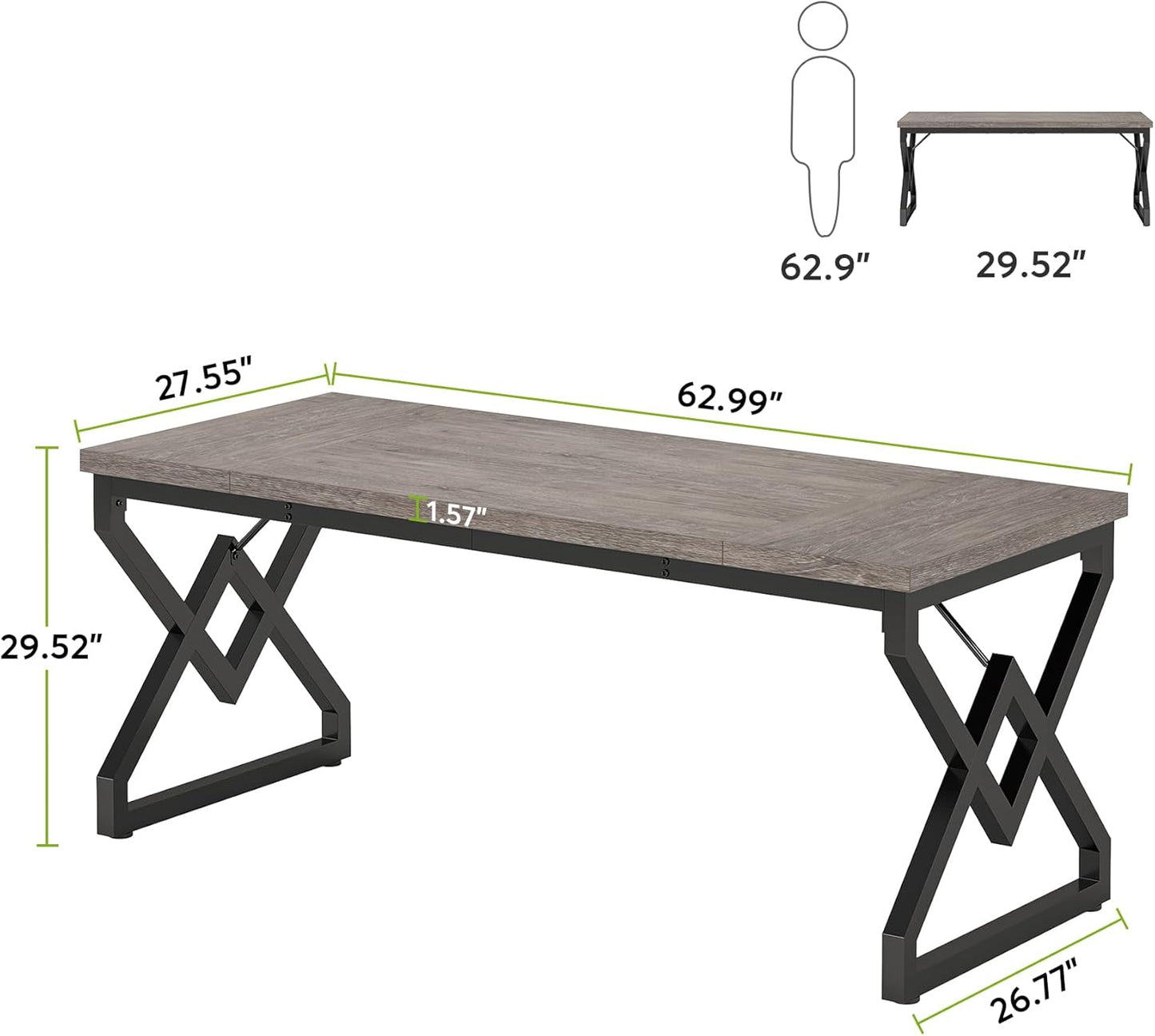 63 Inch Executive Desk, Large Office Computer Desk with Extra Thick Wooden Tabletop and Metal Frame, Modern Simple Workstation Writing Table Study Desk for Home Office, Gray