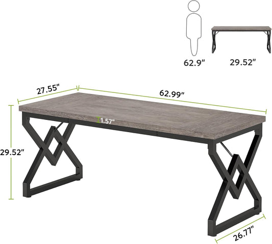 63 Inch Executive Desk, Large Office Computer Desk with Extra Thick Wooden Tabletop and Metal Frame, Modern Simple Workstation Writing Table Study Desk for Home Office, Gray