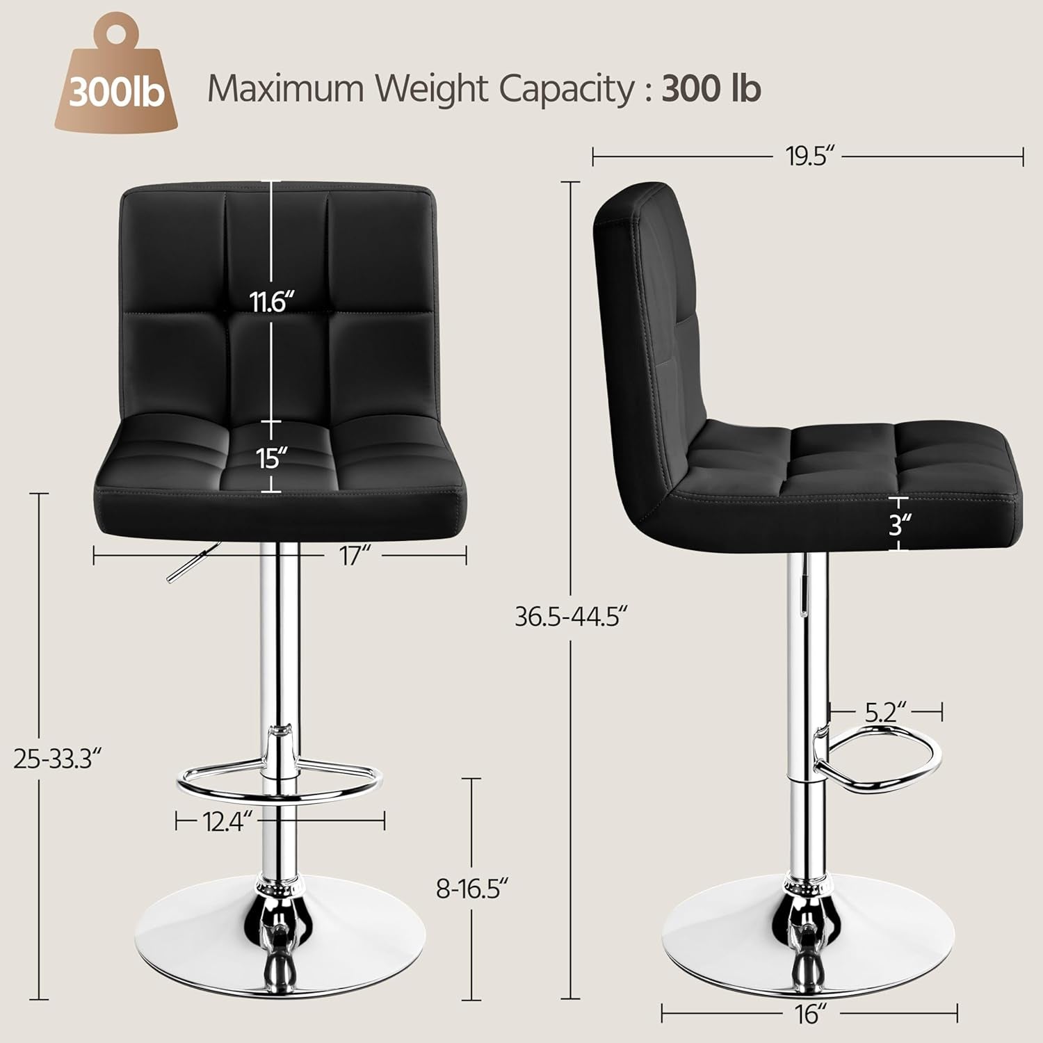 Bar Stools Set of 2, Adjustable PU Leather Swivel Barstools, Modern Counter Stools with Back and Footrest, Counter Height Barstools for Bar, Kitchen, Dining Room, Black