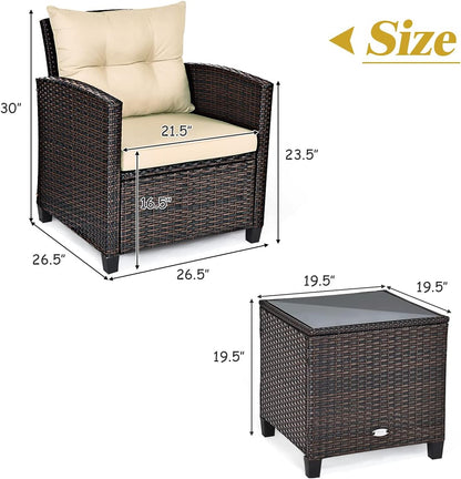 3 Pieces Patio Furniture Set, PE Rattan Wicker 3 Pcs Outdoor Sofa Set W/Washable Cushion and Tempered Glass Tabletop, Conversation Furniture for Garden Poolside Balcony (Beige)