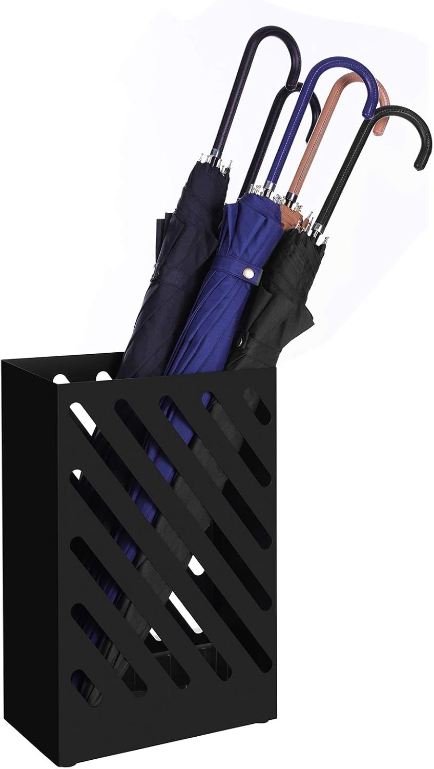 Metal Umbrella Stand, Rectangular Umbrella Holder Rack, with a Removable Drip Tray, 4 Hooks, Hollow-Out Design, for Entryway, Office, Black ULUC03BK
