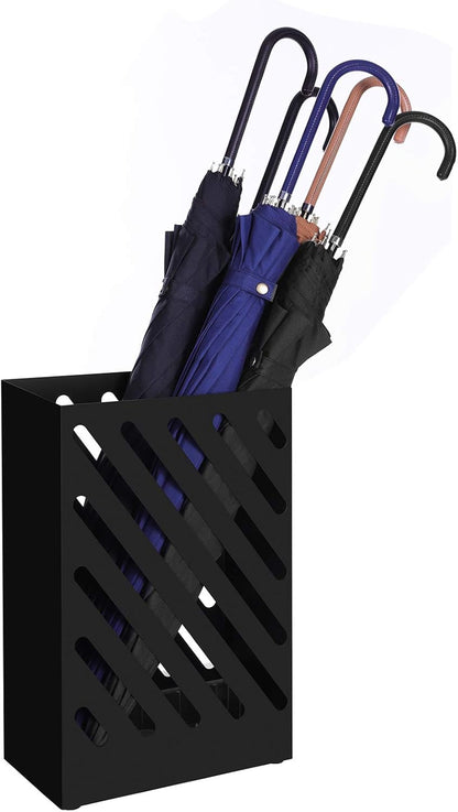 Metal Umbrella Stand, Rectangular Umbrella Holder Rack, with a Removable Drip Tray, 4 Hooks, Hollow-Out Design, for Entryway, Office, Black ULUC03BK