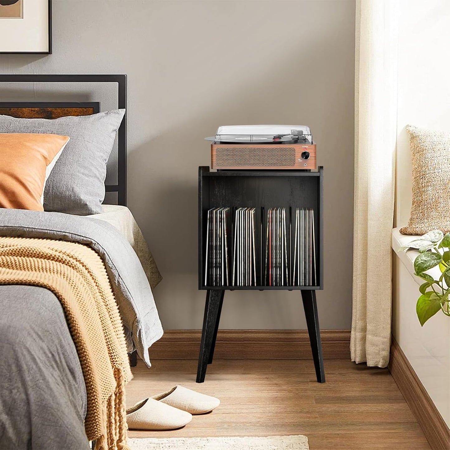 Record Player Stand – Mid-Century Vinyl Record Storage Stand Holds up to 160 Albums, Small Space Record Player Organizer Shelf with Wood Legs, Turntable Stand for Living Room, Bedroom