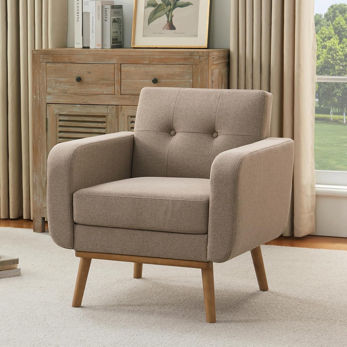 Fabric Accent Chair, Button Tufted Living Room Chairs Easy to Install, Upholstered Arm Chair for Living Room Bedroom Study Office (1, Brown)