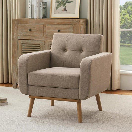 Fabric Accent Chair, Button Tufted Living Room Chairs Easy to Install, Upholstered Arm Chair for Living Room Bedroom Study Office (1, Brown)