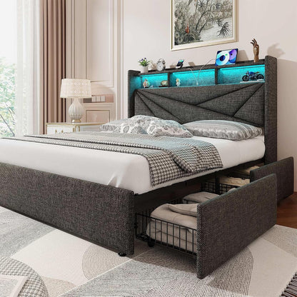 Queen Bed Frame with 4 Storage Drawers,and Led Headboard