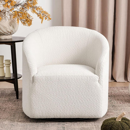 32" Wide Modern Boucle Swivel Barrel Chair, No Assembly Round Upholstered Swivel Accent Armchair for Living Room, Bedroom, Office (White)