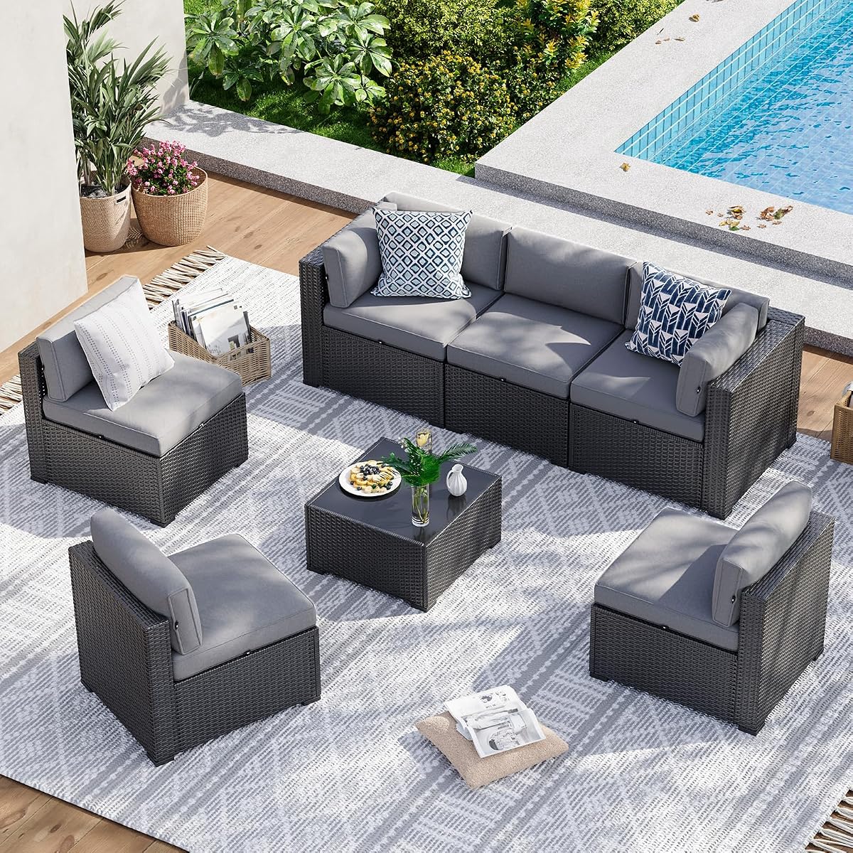 7 Piece Patio Furniture Set Wicker Rattan Patio Sectional Sofa Set Outdoor Seating Furniture with Thickened Cushion, Grey