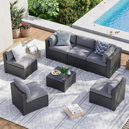 7 Piece Patio Furniture Set Wicker Rattan Patio Sectional Sofa Set Outdoor Seating Furniture with Thickened Cushion, Grey