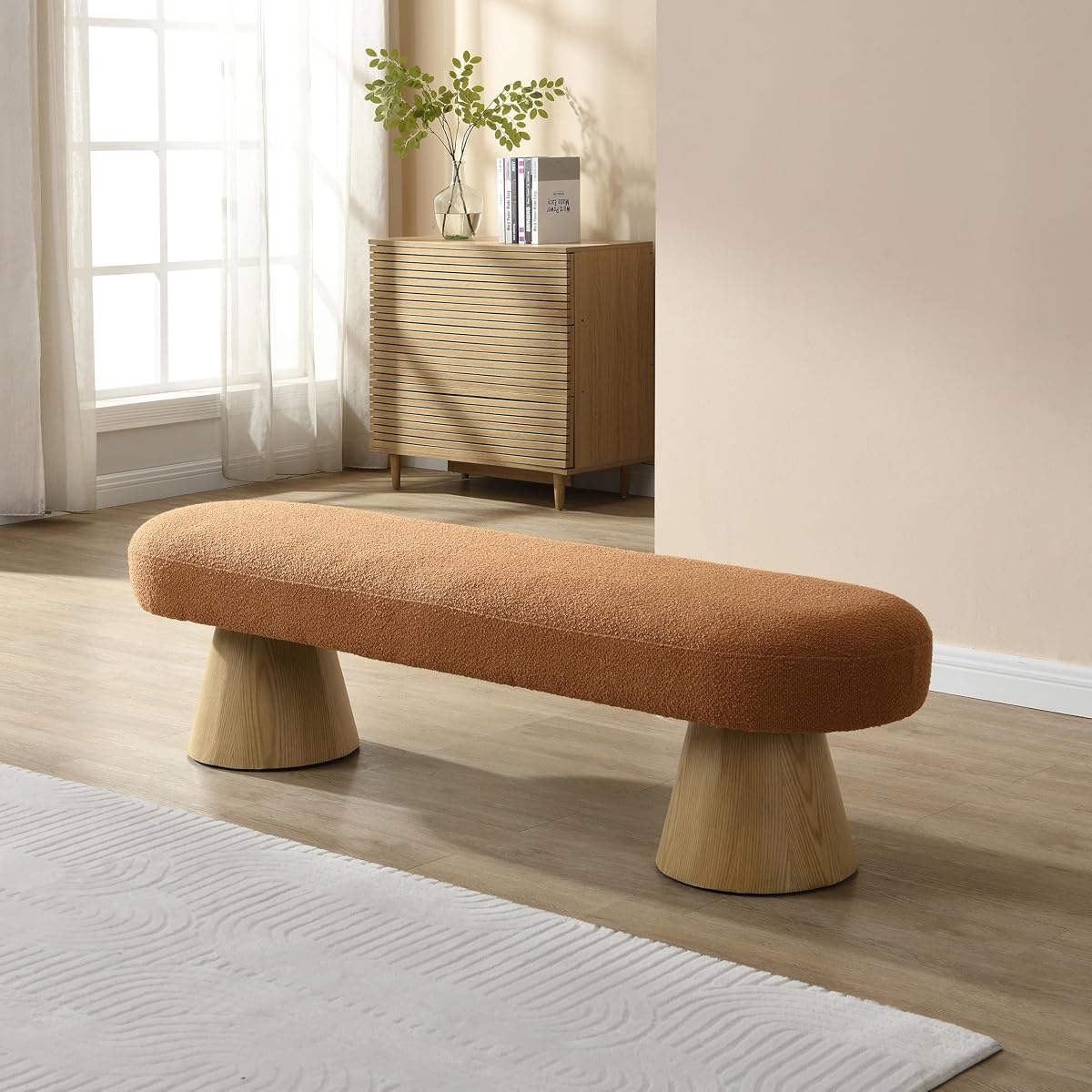Dining Bench for Dining Room, Upholstered Bedroom End of Bed Entryway Bench, Boucle Ottoman for Living Room, 64" L Stool Top Wood Leg 300 LBS Weight Capacity, Orange