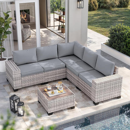 Outdoor Patio Furniture Set PE Wicker Rattan Outdoor Sectional Sofa | Patio Conversation Set with Chunky Arms Thickened Cushions & Glass Coffee Table for Garden, Backyard, Poolside, Grey