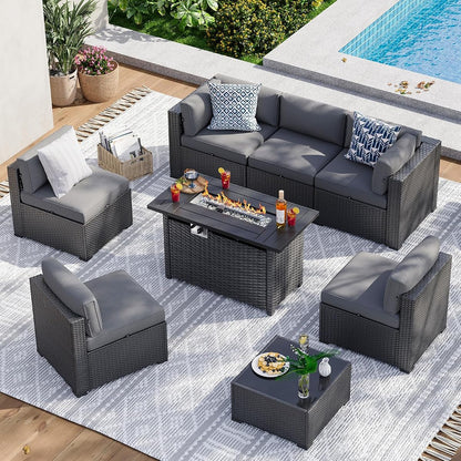 8 Piece Patio Furniture Set with 44" Fire Pit Table Wicker Rattan Sectional Sofa Outdoor Seating with Thickened Cushion, Grey