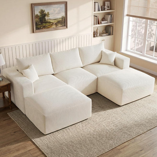 113" Modular Sectional Couch, Cloud Boneless Sofa with Deep Seats, Upholstered Corduroy U-Shaped Sleeper Sofa with Chaise, 3-Seater Couches for Living Room, No Assembly Required, Beige