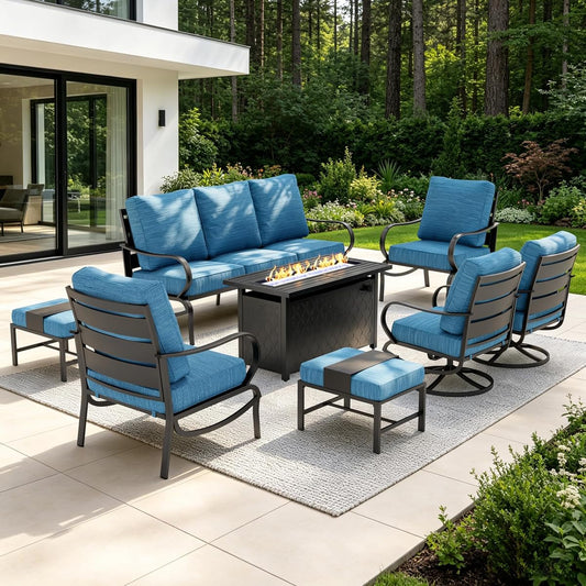 Patio Furniture Sets for 9 with 45" Gas Fire Pit Table Outdoor Conversation Sets, 2xSofa Chairs, 2xSwivel Cushion Chairs, 1x3-Seat Sofa, 2xOttomans for Porch Poolside Peacock Blue