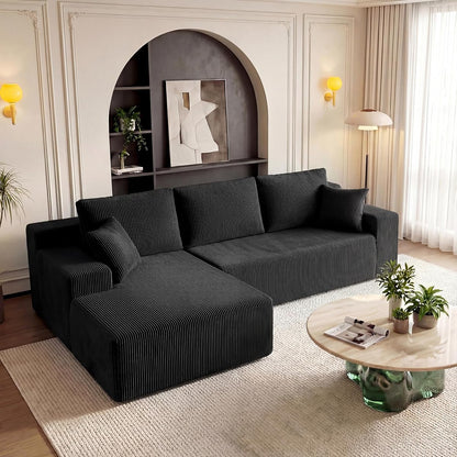Cloud Sectional Boneless Couches for Living Room, Modular L Shaped Couch with Deep Seat Oversized Left Facing Chaise, Memory Foam Compressed Spineless 3 Seater Sofa for Apartment, Black