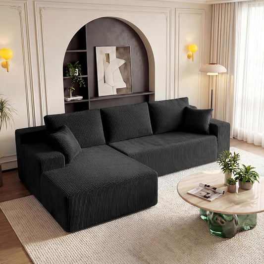 Cloud Sectional Boneless Couches for Living Room, Modular L Shaped Couch with Deep Seat Oversized Left Facing Chaise, Memory Foam Compressed Spineless 3 Seater Sofa for Apartment, Black