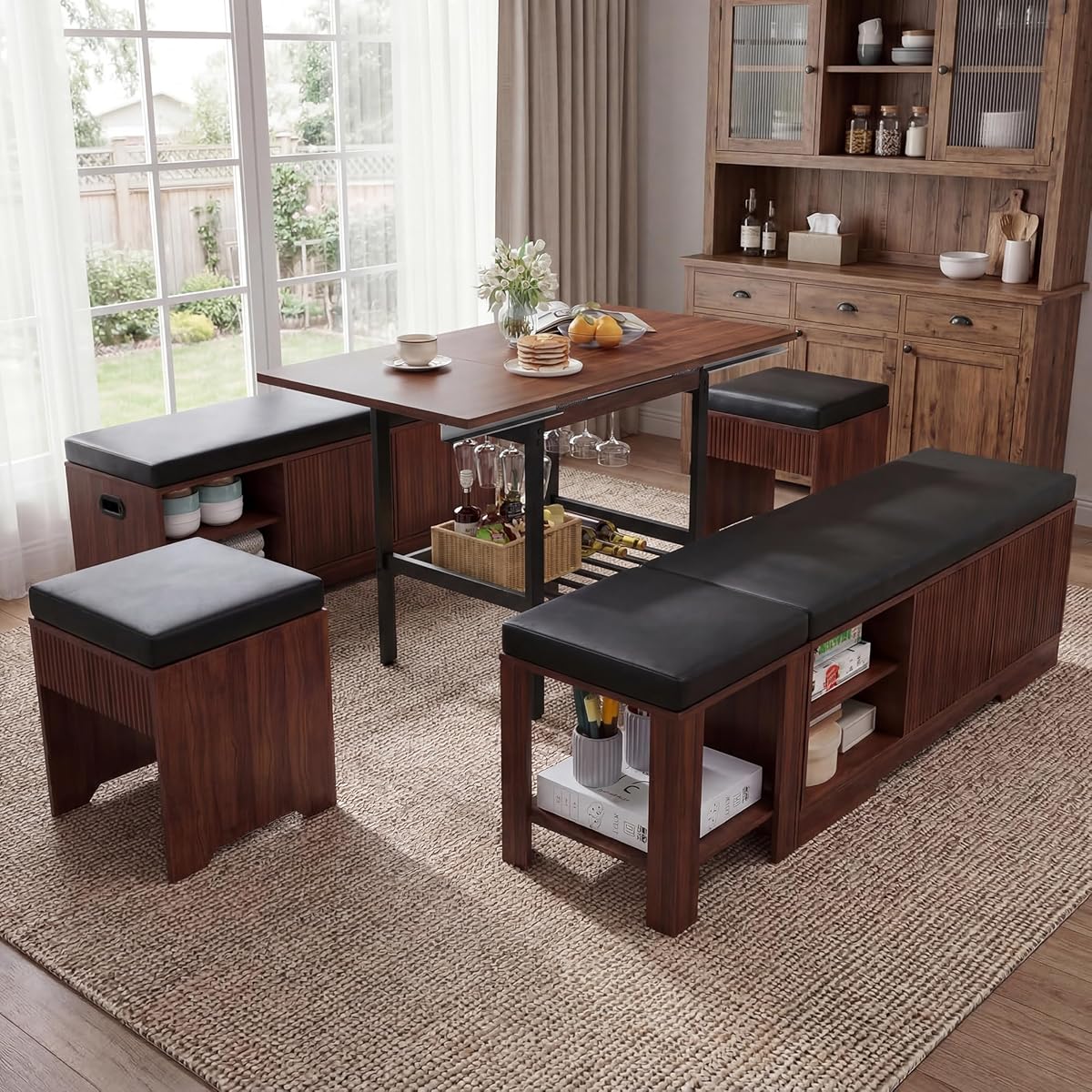 Extendable Breakfast Nook Table Set with Storage Benches & Stools, 6-Piece Corner Dining Table Set, Kitchen Nook Table Set with Glass Holder for Small Space, Indoor/Outdoor Use (Black+Walnut)