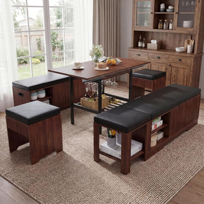 Extendable Breakfast Nook Table Set with Storage Benches & Stools, 6-Piece Corner Dining Table Set, Kitchen Nook Table Set with Glass Holder for Small Space, Indoor/Outdoor Use (Black+Walnut)