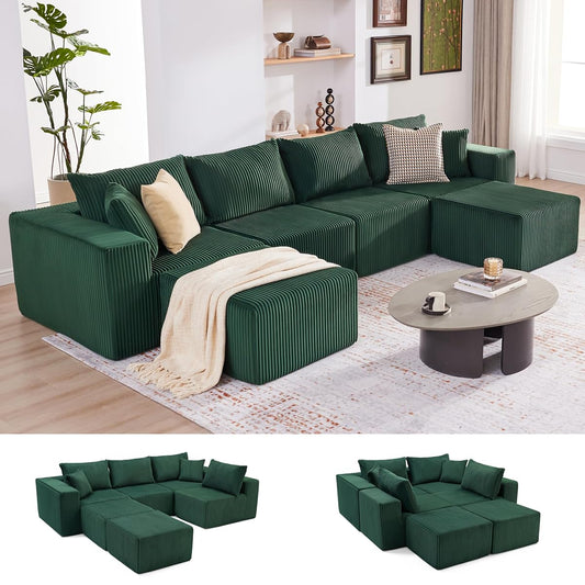 Cloud Couch Sectional, Modular Sofa with Deep Seat, Plush Corduroy U Shaped Boneless Couch, Convertible Sectional Couches for Living Room (Green, 4 Seater & 2 Ottomans)