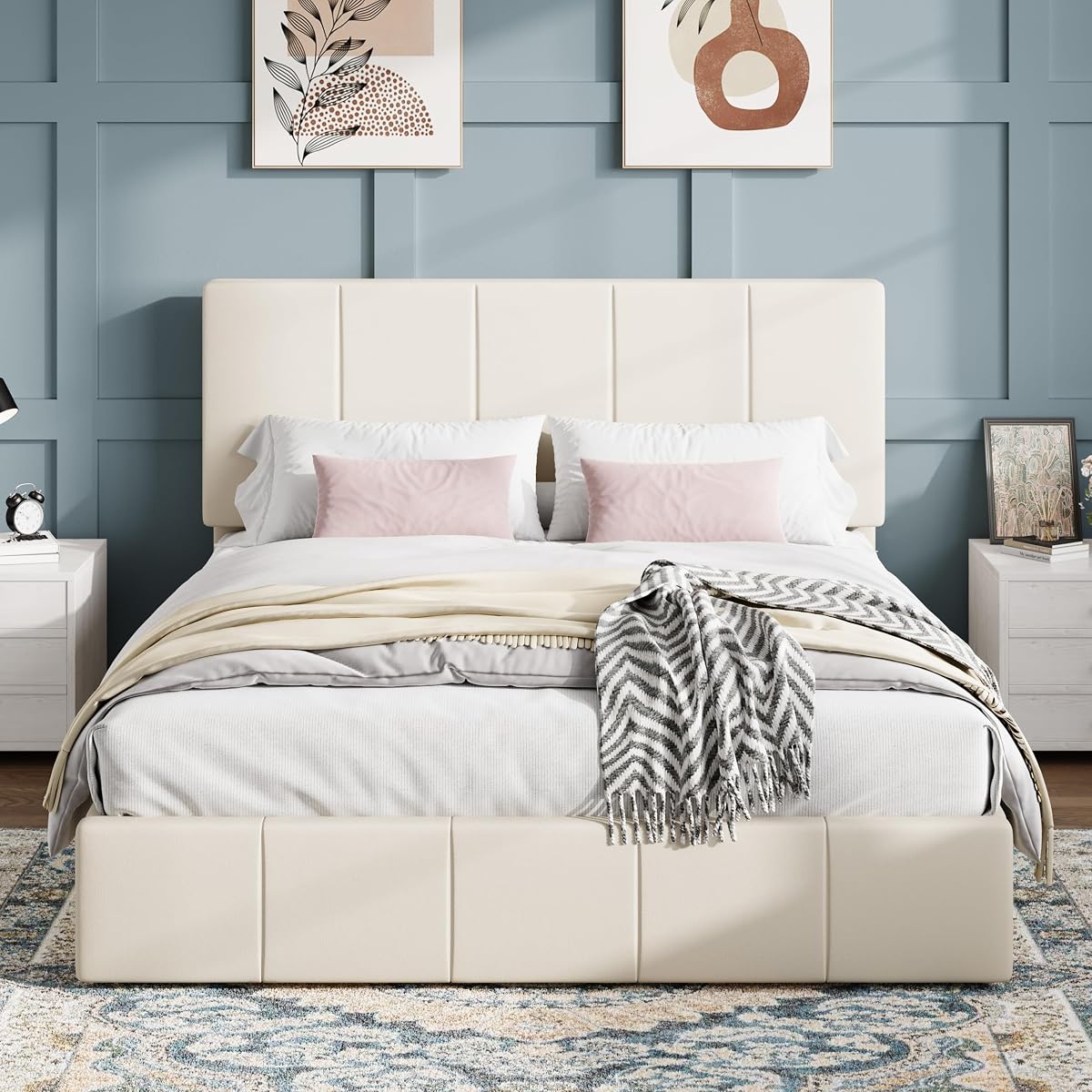 Queen Size Bed Frame, Velvet Upholstered Platform Bed, Cream