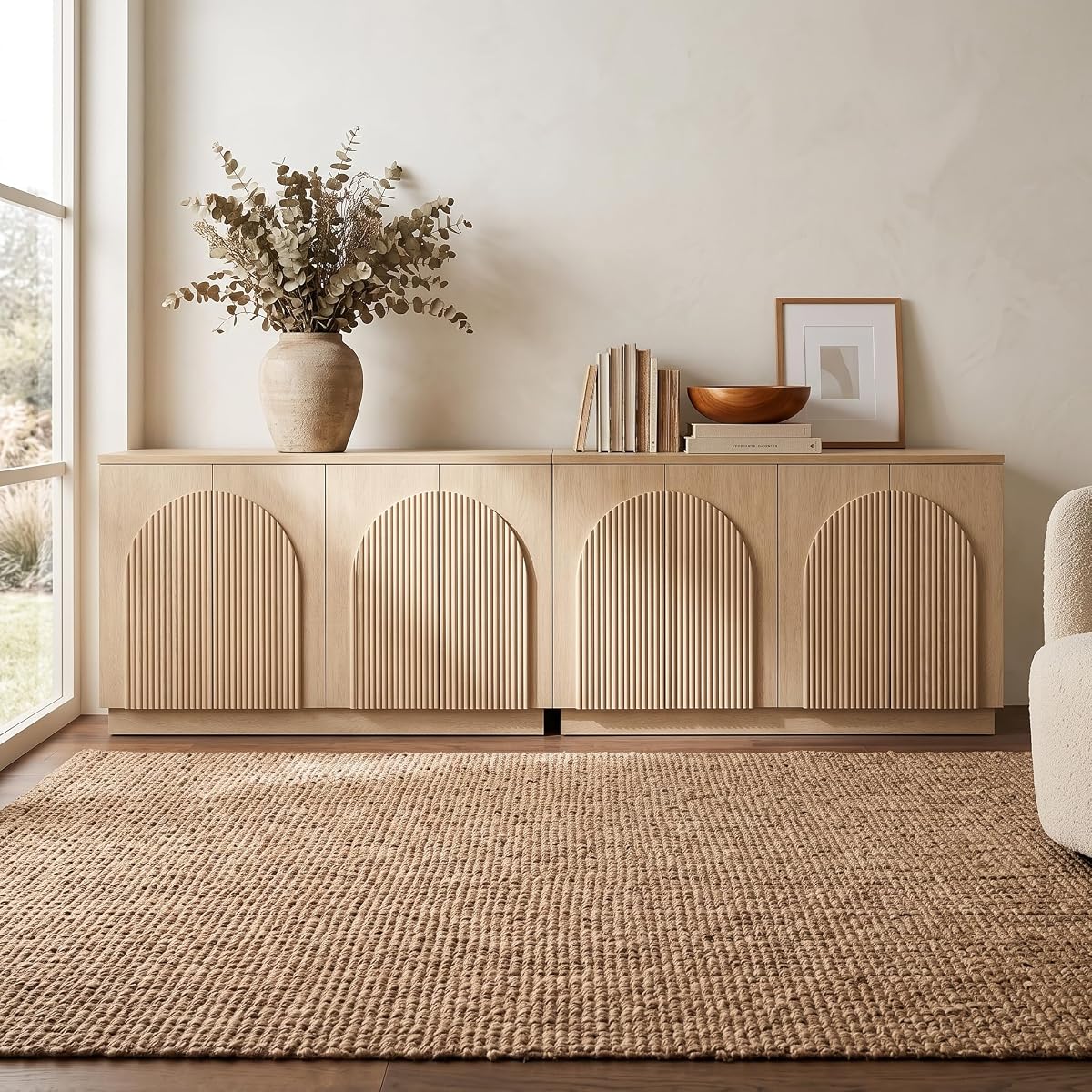 110" Fluted Wood Sideboard Buffet Cabinet with Storage, Natural
