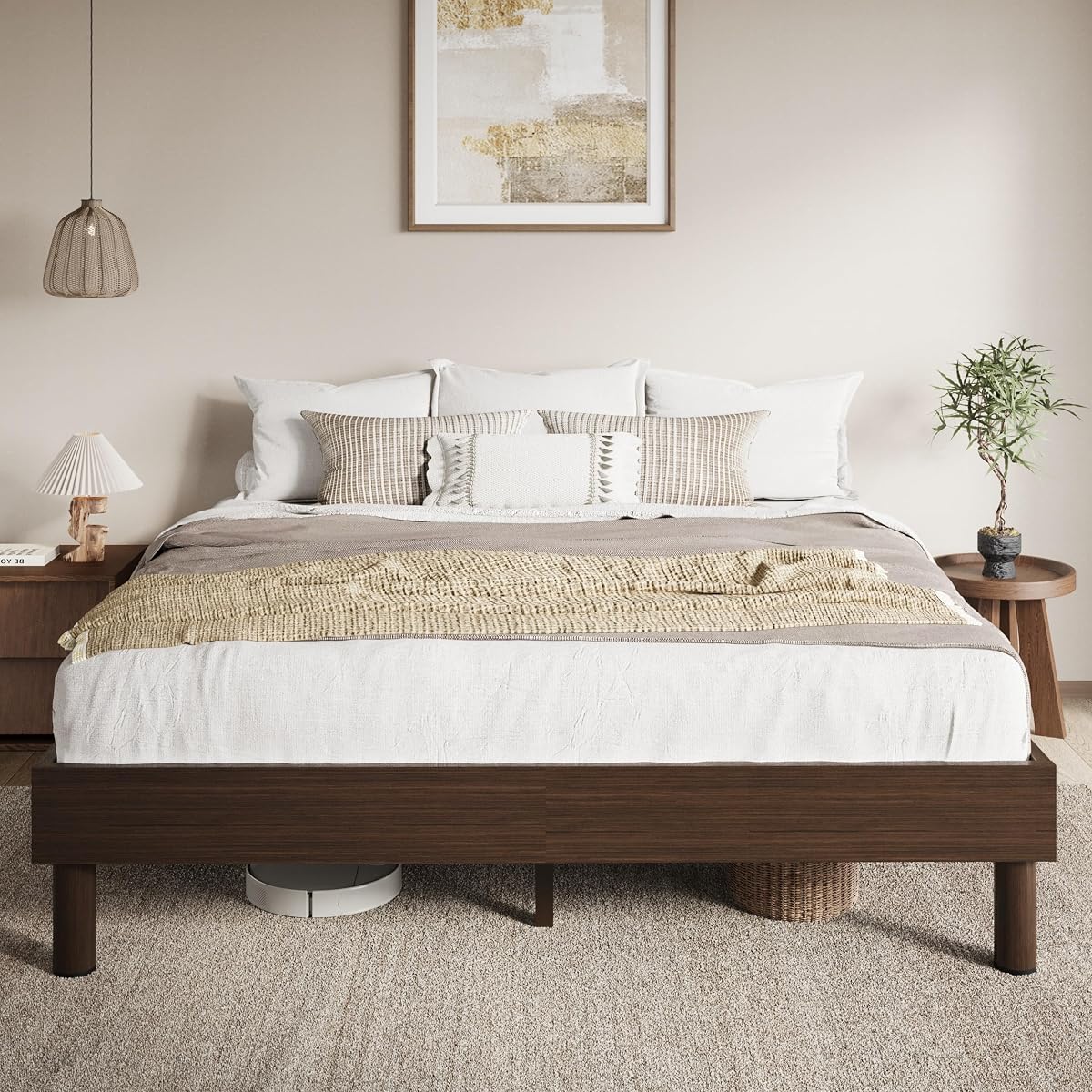 King Size Wood Platform Bed, 7.9" Under-Bed Storage, Walnut