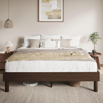 King Size Wood Platform Bed, 7.9" Under-Bed Storage, Walnut