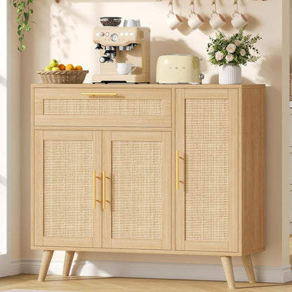 Kitchen Buffet Cabinet with 3 Doors, Rattan Storage Cabinet