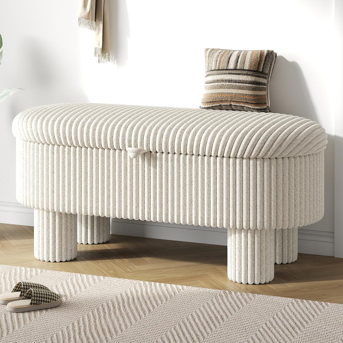 Camden Ottoman with Storage, Corduroy Upholstered Lift-Top Foot Stools Bench with Hidden Compartment for Bedroom, Living Room, Entryway, Modern Small Space Furniture, Beige