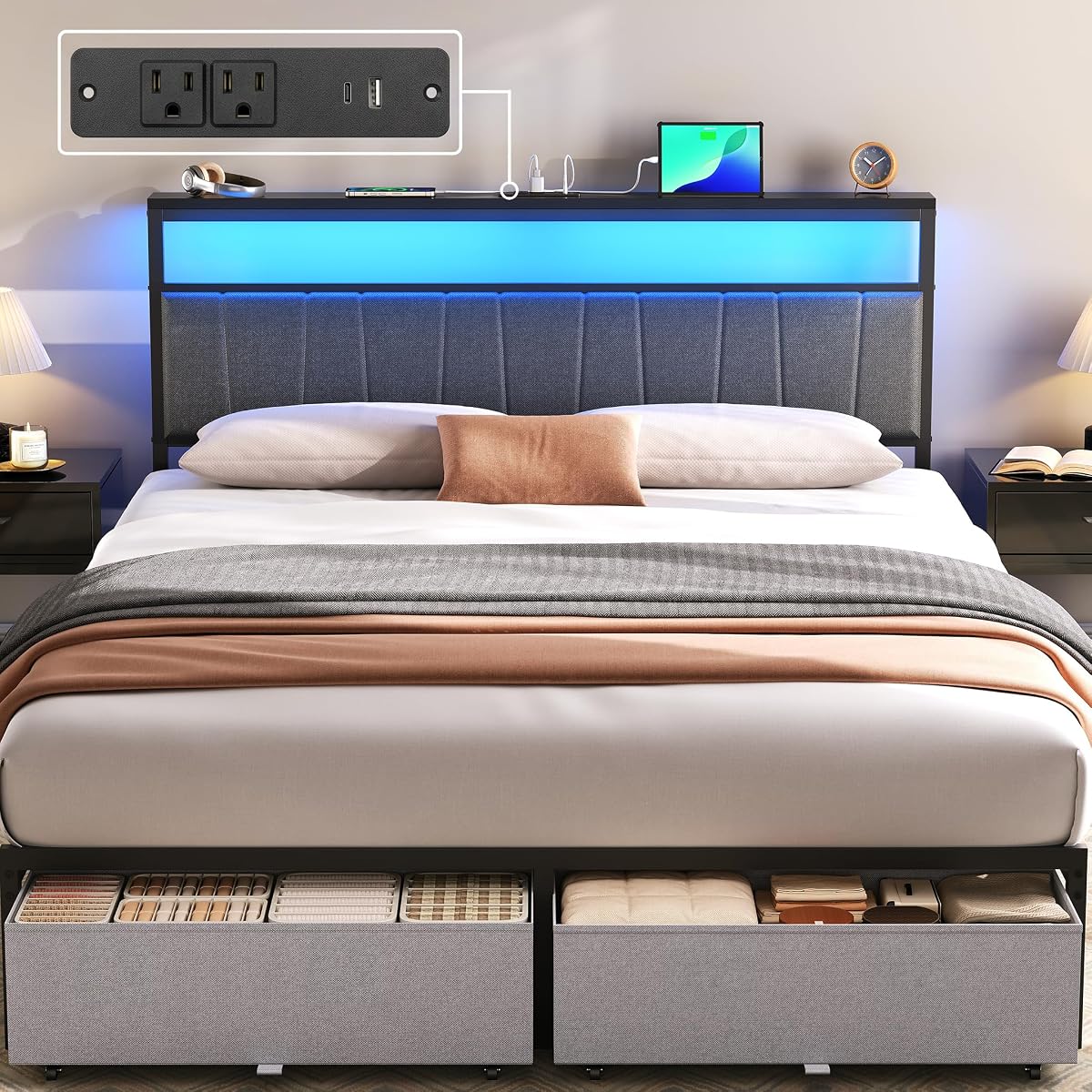 Queen Bed Frame with Storage Drawers and Charging Station, Grey