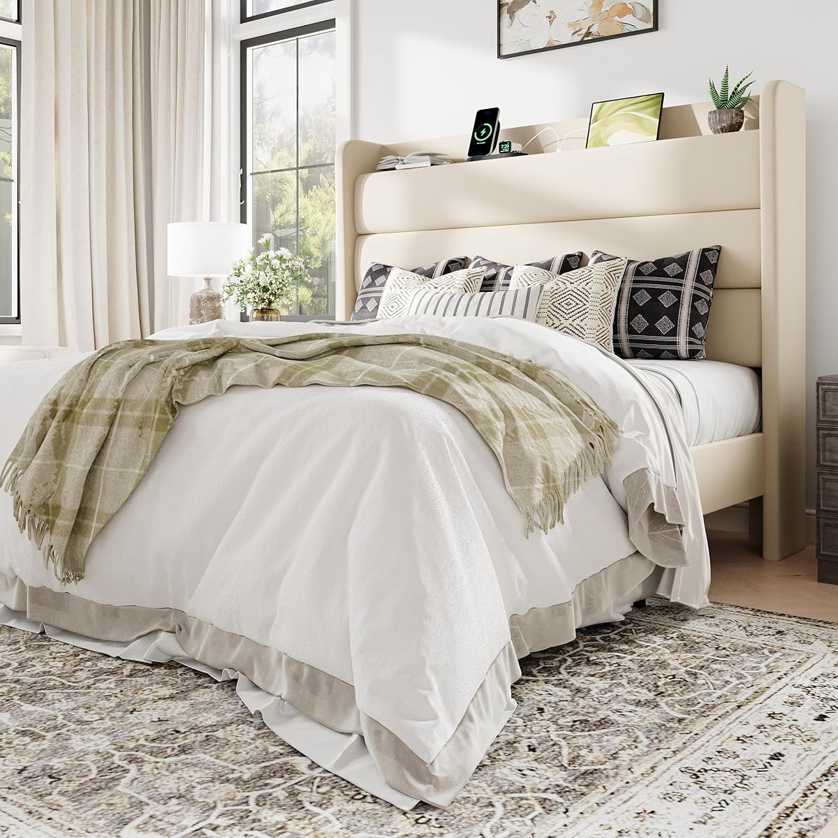 Queen Size Upholstered Bed Frame with Charging Station, Cream