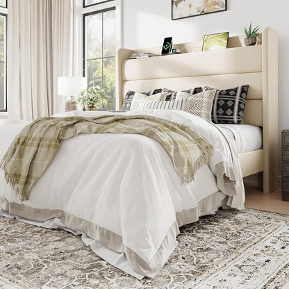 Queen Size Upholstered Bed Frame with Charging Station, Cream