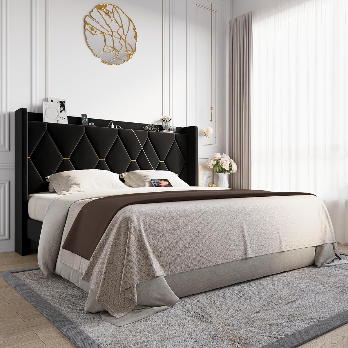 King Size Bed Frame with Storage Headboard & Smart Charging Station