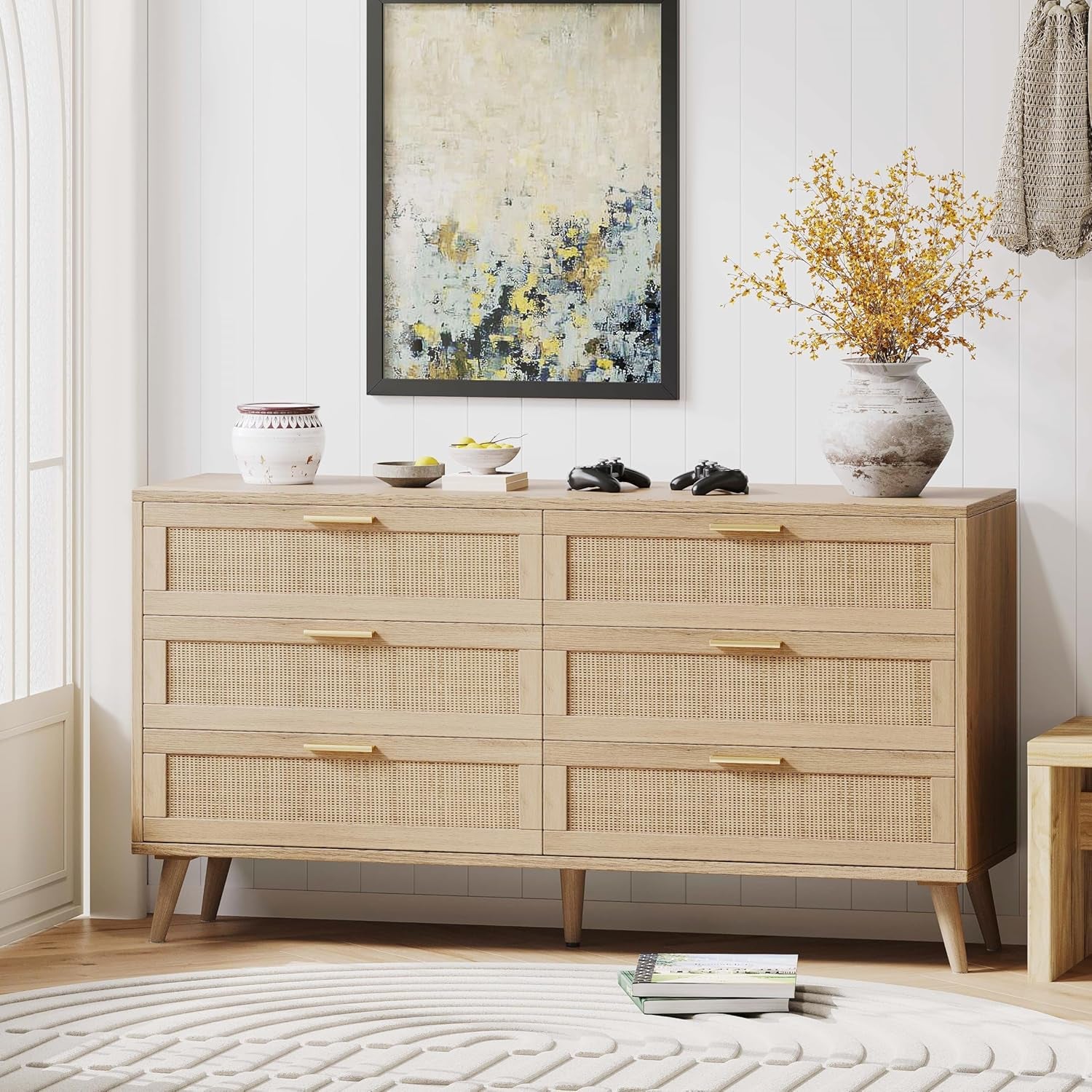 6 Drawer Double Dresser for Bedroom, Rattan Chest of Dressers, Modern Wooden Dresser Chest with Golden Handles, beside Table for Closet, Living Room and Entryway, Natural