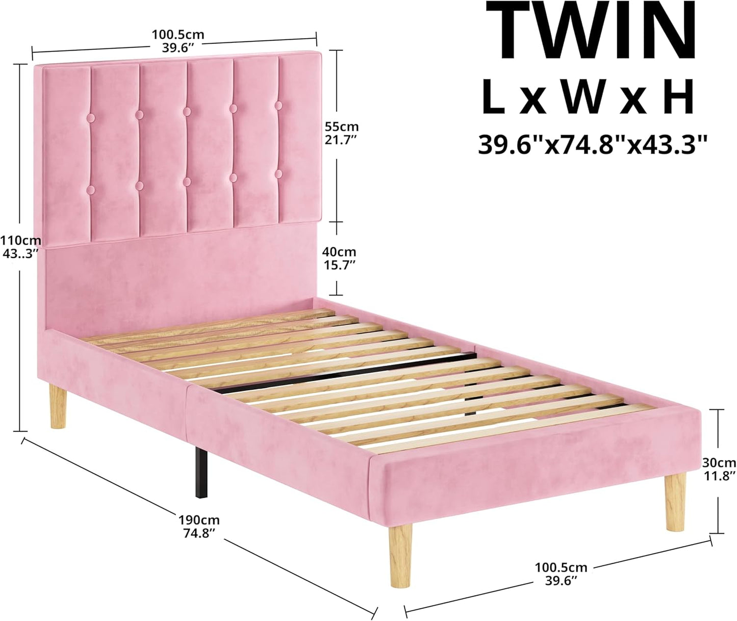 Twin Bed Frames, Velvet Upholstered Platform Bed Frame with Headboard and Strong Wooden Slats, No Box Spring Needed/Noise-Free/Easy Assembly, Pink