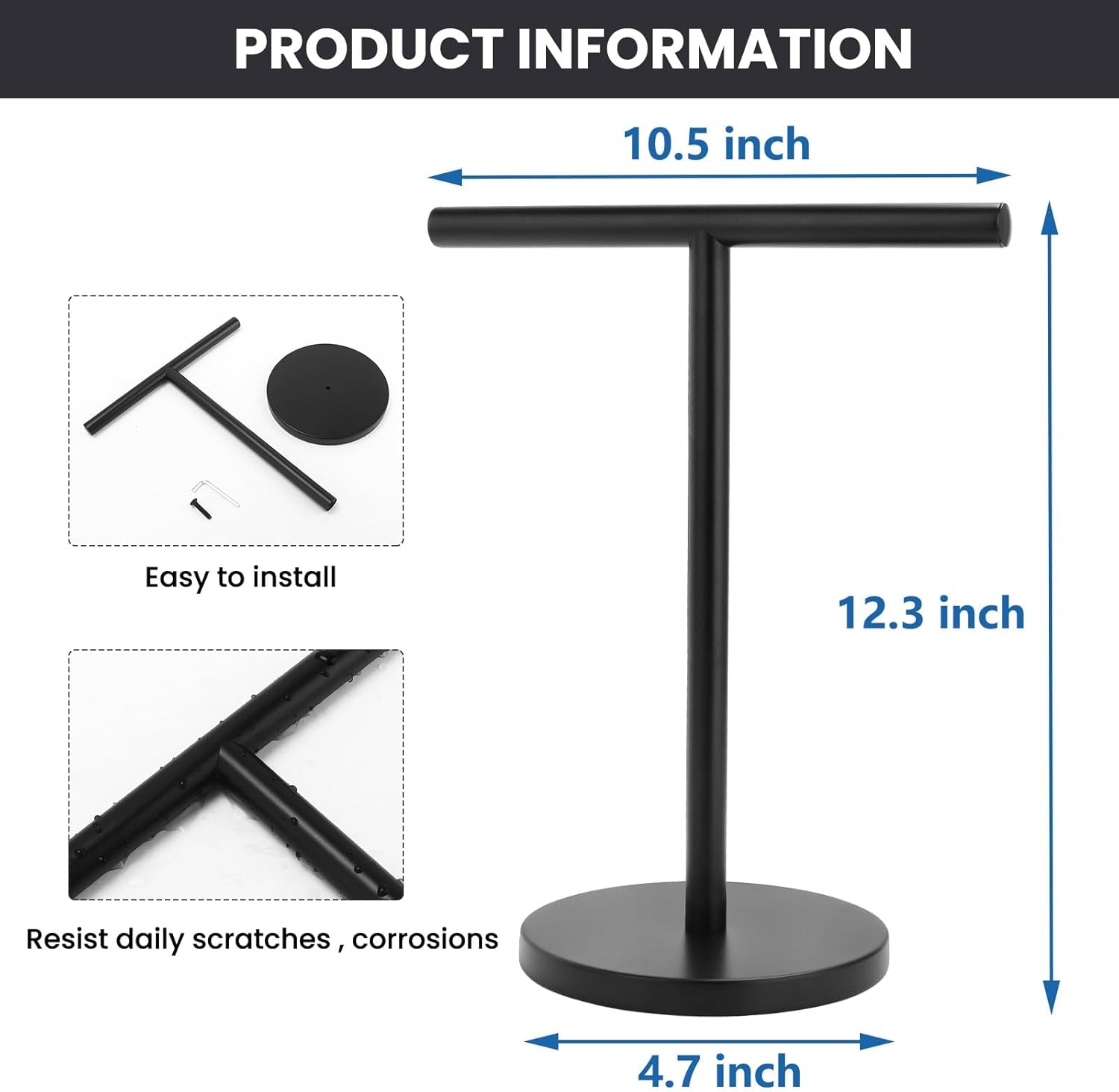 T-Shape Bath Hand Towel Holder Stand, Stainless Steel Free Standing Hand Towel Rack with Heavy Base, for Bathroom Kitchen & Countertop, Matte Black