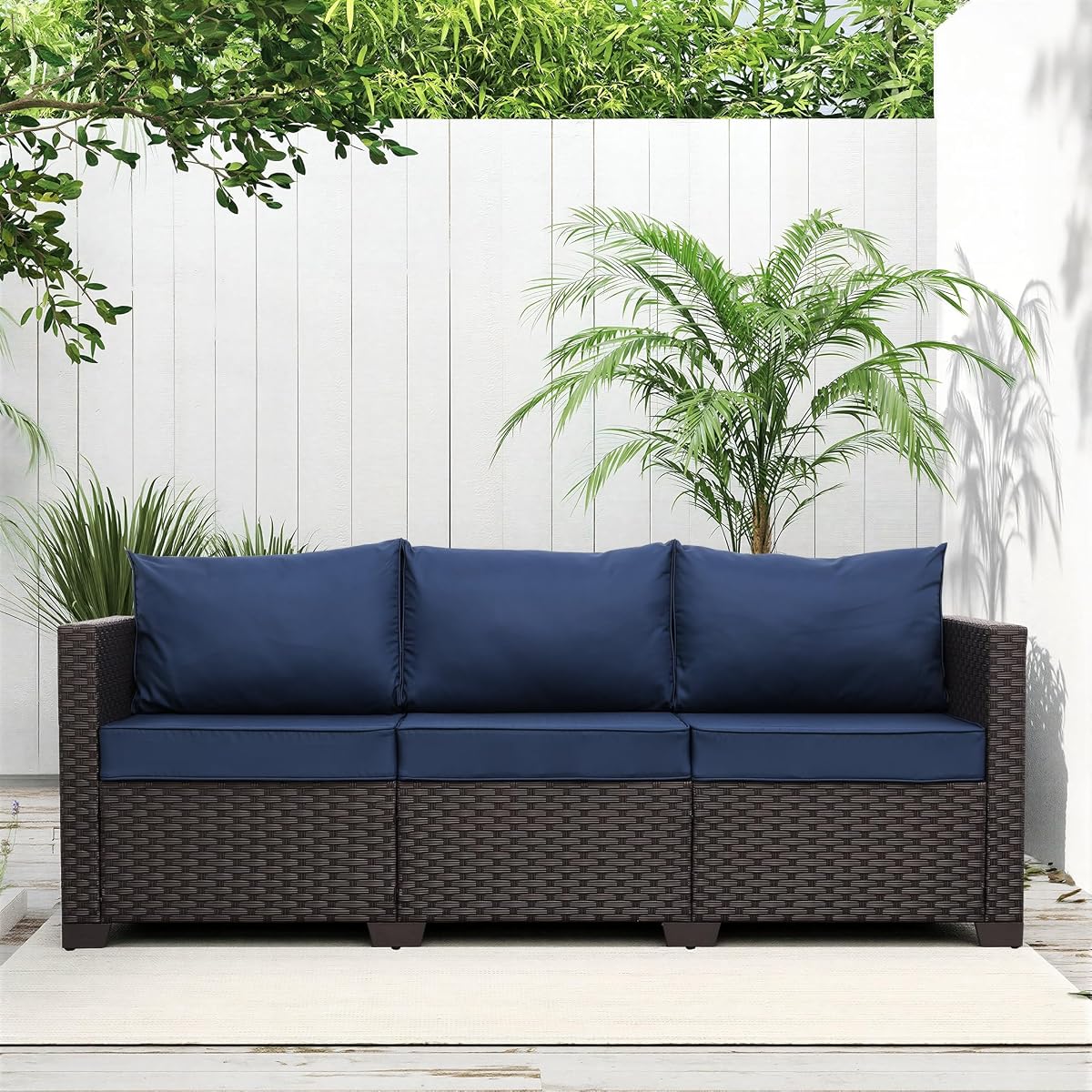 Patio Furniture 3-seat Sofa Brown Wicker Outdoor Furniture Outdoor Couch Deep Seat High Backrest Waterproof Cover Anti-Slip Washable Cushions, Navy Blue