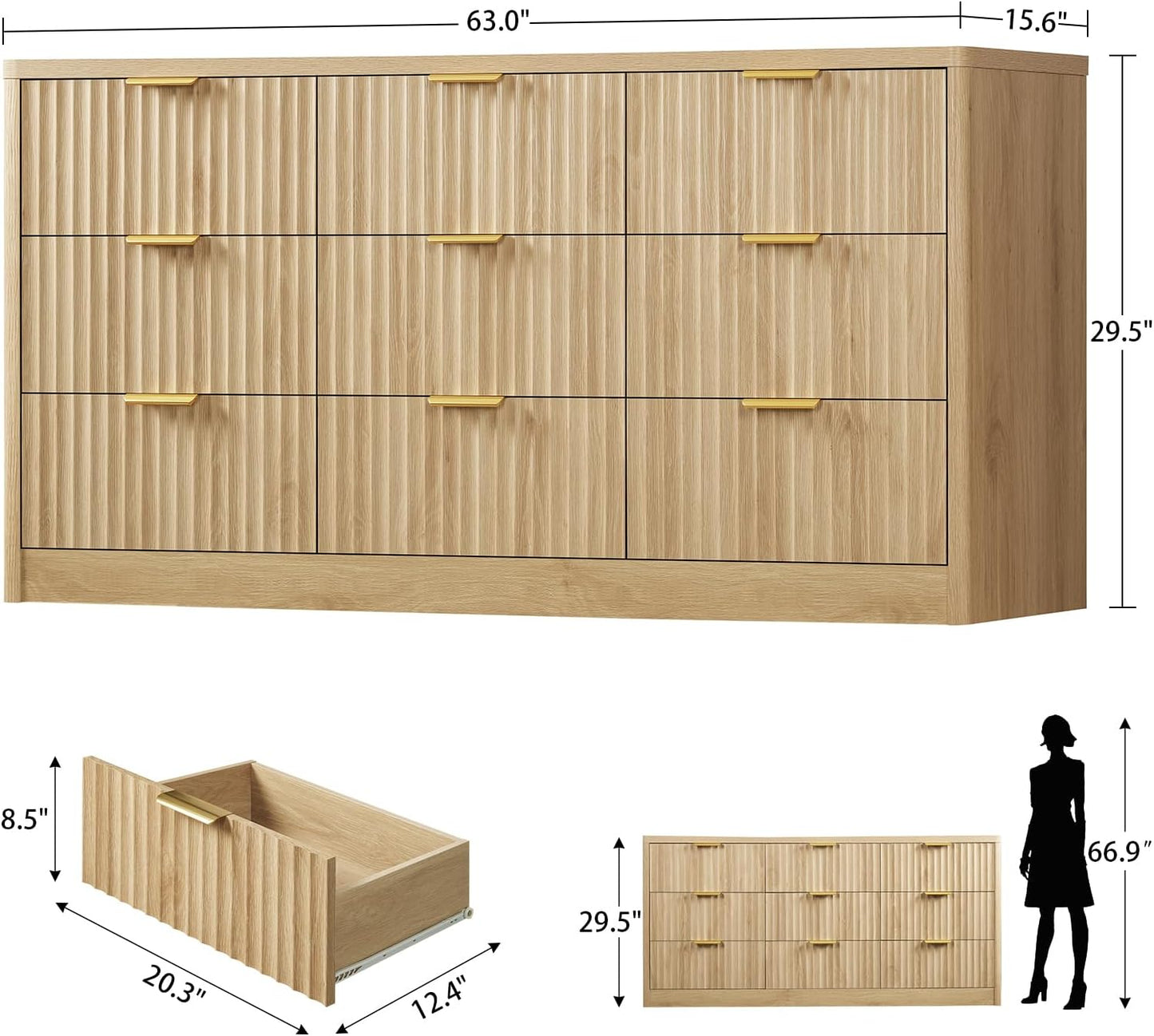 Fluted Dresser for Bedroom with 9 Drawers, 63" Wide Modern Chest of Drawers with Metal Handle & Curved Profile Design, Wood Closet Clothes Storage Organizer for Living Room, Hallway, Natural