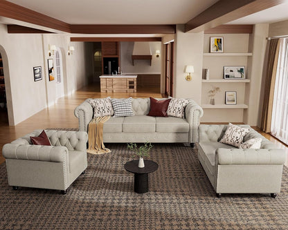 3 Piece Classic Chesterfield 6-Seater Set, Tufted Chair & Loveseat & Sofa Solid Wood Legs Thick Cushion, Pet-Friendly Couch Set Furniture for Living Room Bedroom Apartment, Linen Beige