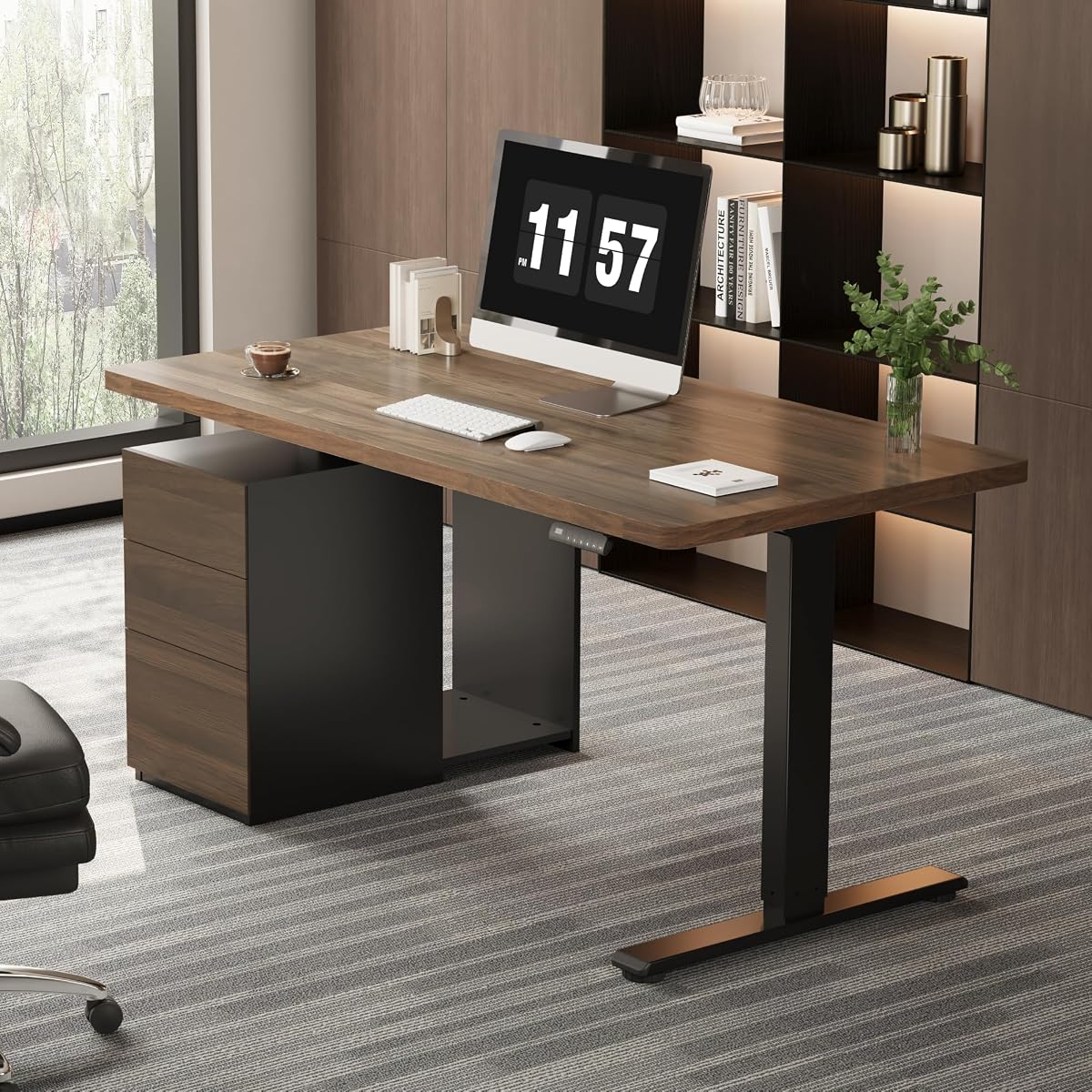 Executive Standing Desk w/Drawers & Dual Motor, Walnut & 60"